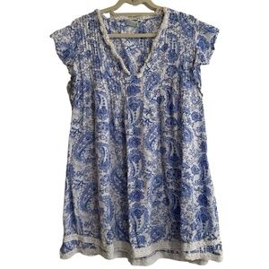 True Destinations Womens M Mini Dress White Blue Paisley Bohemian Pintuck Casual
